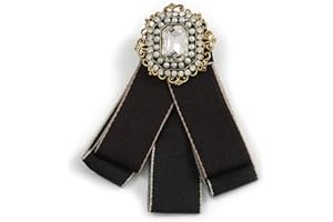 Avalaya Vintage Inspired/Retro Men and Women Universal Black Fabric Ribbon Pre-Tied Bow Tie Collar with Pearl and Glass Detailing in Bronze Tone - 11cm L