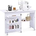 COSTWAY Folding Sewing Table, 2-in-1 Rolling Craft Table with Storage Shelves and Lockable Casters, Space Saving Sewing Machine Cabinet Computer Desk (White)