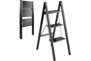 BQKOZFIN Escalera plegable de 3 niveles, escalera de aluminio, ligera con pedal ancho antideslizante, para el hogar, cocina, oficina, pintura, jardín, soporta hasta 150 kg, color negro