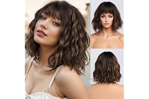 ‎BESTUNG BESTUNG Kurze braun blond Perücke für Frauen, natürliches synthetisches Haar Ombre Bob Perücken mit ordentlichem Pony dunkler Wurzel für Alltag/Party/Cosplay (10 Zoll, braun blond)