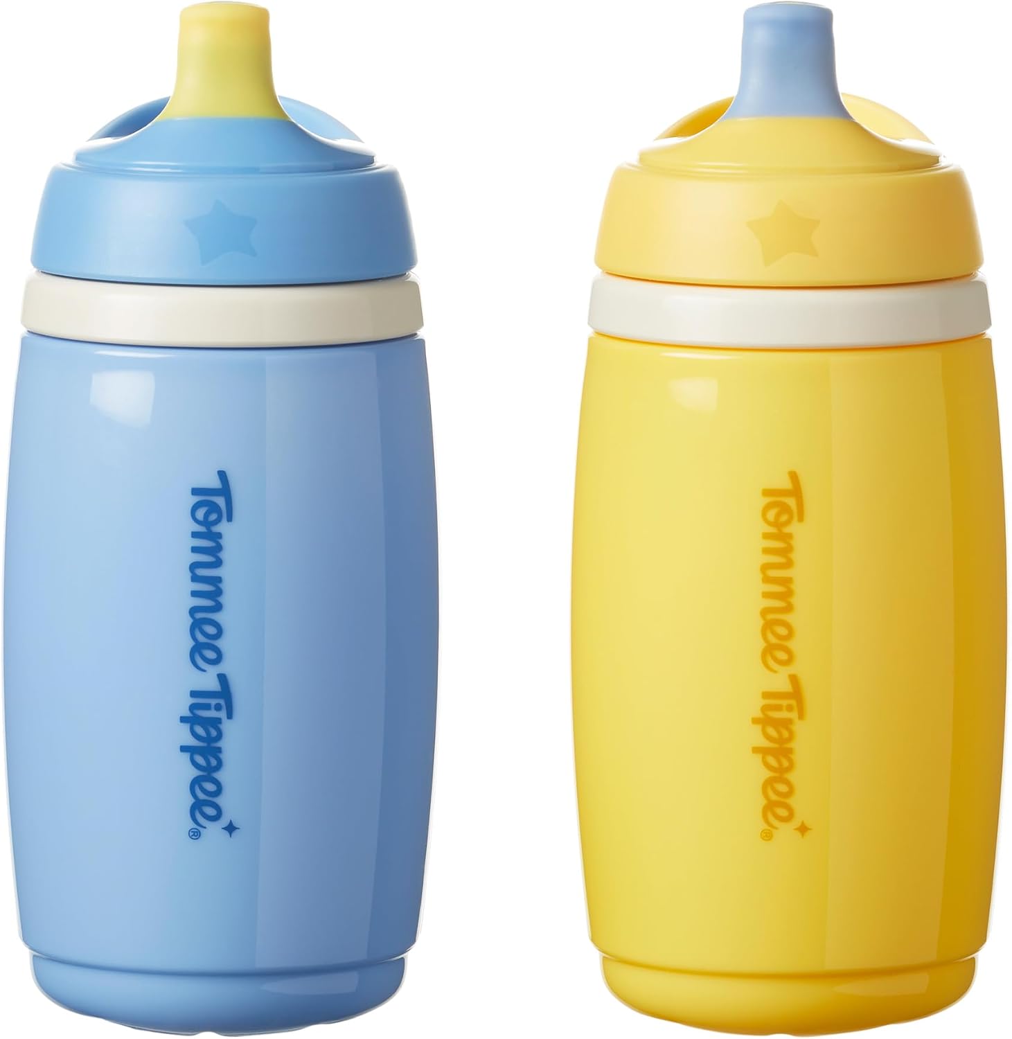 Tommee Tippee Insulated Active Spout Cup, 266ml, Non-Spill Water Bottle for Toddlers 12 Months+, Insulated to Help Keep Their Drinks Cool, Blue and Yellow, 2 Pack
