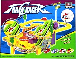 UJIE Track Racer Set with 4 Miniature Cars Rotating Helicopter and Thrilling Sound