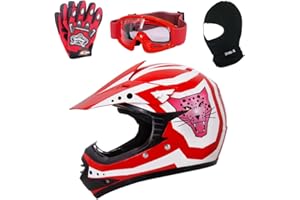 Zorax Red XL (55-56cm) ZOR-X17 Children Kids Motorbike Helmet ECE 2206 & Gloves XL(8cm) & Goggles & Balaclava - Dirt Bike Off Road Motocross Helmet