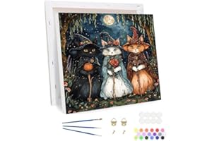 Bowetile Halloween Cat Framed Paint by Numbers for Adults, Pumpkin Painting by Numbers Kit for Adults Beginners Canvas Kit, DIY Color Oil Painting Acrylic Paints for Home Wall Decor 30x30cm