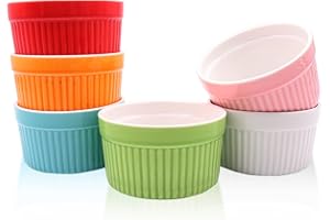 YUNSHANGHE Lot de 6 Moules à Soufflé pour la Cuisson, 200 ml, Bol à Crème Brûlée, Ramequins Bol à Dessert en Céramique, pour Gâteaux, Muffins, Glaces, Pâtisserie, Cupcakes (Couleur, 9 x 7,5 x 5 cm)