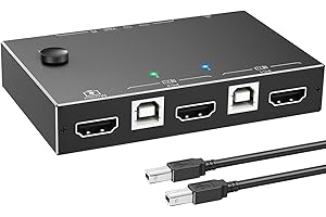 ESKEVE HDMI KVM Switch 2 PC 1 Monitor 4K@60Hz 2K@144Hz，KVM Switch mit HDMI 2.0,Ethernet und 4 USB 2.0 Ports für 2 PC Sharing 1 Monitor und Tastatur, Maus, Drucker, U Disk, mit 2 USB-Kabeln