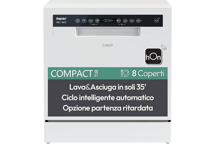 Candy Rapido' CP 8F9FFW Compact Dishwasher, 8 Places, 8 Programs, Wash and Dry in 35', Delay Start, HxWxD 59.5 x 50 x 55 cm, White [Energy Efficiency Class F]