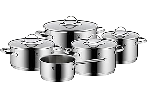 WMF Aparto Topfset Induktion 5-teilig mit Glasdeckel, Cromargan Edelstahl poliert, Induktions Töpfe Set unbeschichtet, für alle Herdarten geeignet, ohne Skalierung, spülmaschinengeeignet
