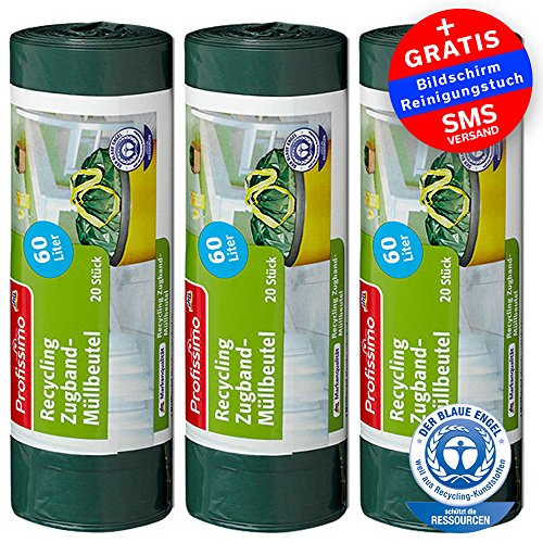 Öko Müllbeutel mit Zugband – 60 Liter (60 Stück) – Extrem Reißfest & Flüssigkeitsdicht – 3er Pack (3×20 Stück) – „Blauer Engel“ Zertifikat - 2