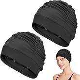 ChAusa 2 Pieces Pleated Comfortable Swimming Hat Women Black Elastic | Unisex Swimming Cap Non Slip for Long and Short Hair,