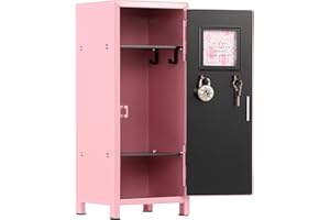GUIJZSLTRG Mini Locker with Lock and Key 4.5×4.5×10.8×10.8 Inches, Rustproof Kids Safe Portable Mini Cabinet with Compartments for Desk Bedroom Home Office (Pink)