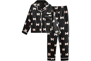 JiAmy Schlafanzug für Mädchen, kurzärmelig, für Sommer, Kinder, Satin-Schlafanzug, 2-teilig, Knopfleiste für Teenager, Nachtwäsche, Schleifendruck, Nachtwäsche, Alter 8–12 Jahre