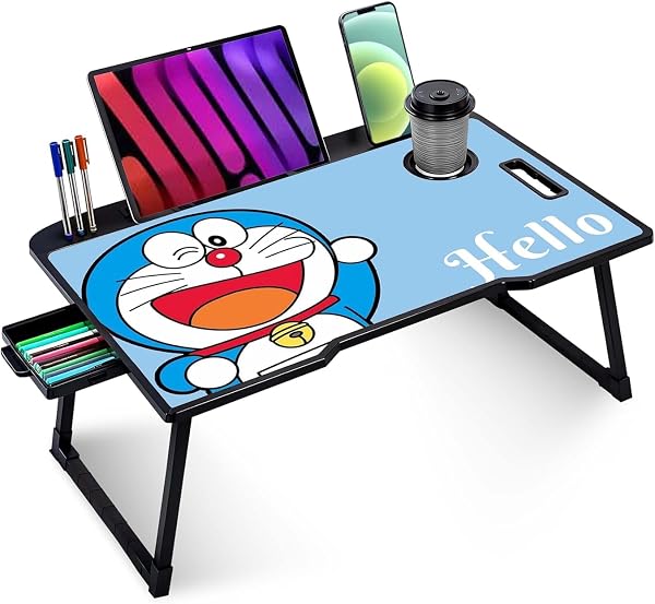 TEKCOOL Wood Smart Multipurpose Foldable Laptop Table with Cup Holder,Study Table,Bed Table,Breakfast Table,Foldable and Portable/Ergonomic & Rounded Edges/Non-