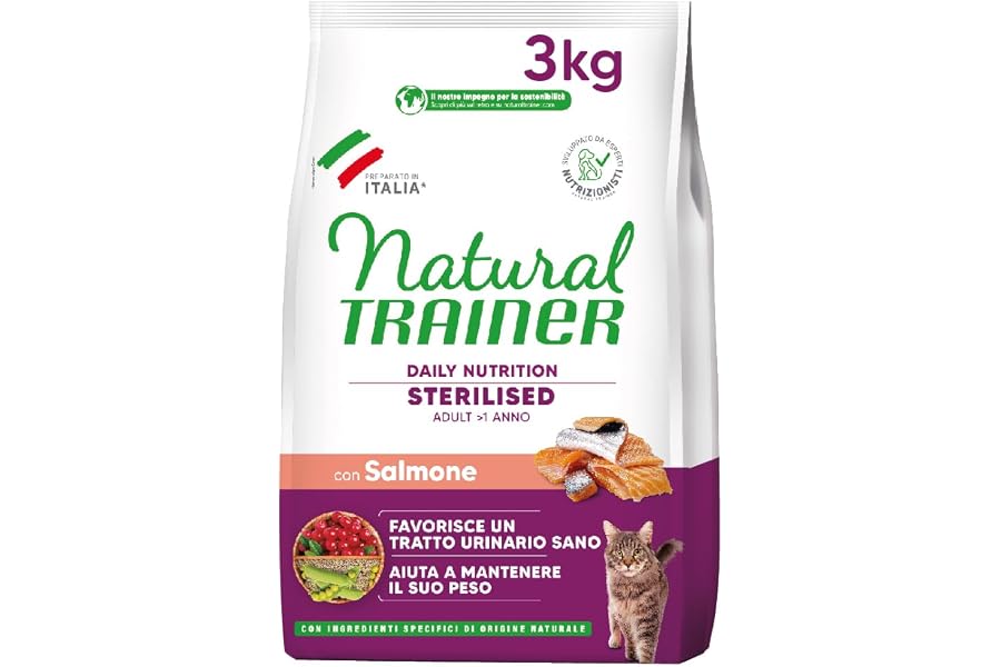 Trainer Natural Sterilised Adult con Salmone e Fibra di Pisello 3 Kg, 3000 Gr