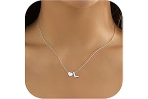 LOLIAS Heart Initial Necklace - Stainless Steel Silver Name Necklace with Tiny Heart Letter Pendant - Personalised Women & Girls Gifts
