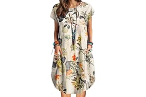ZANZEA Women Summer Dresses Cotton Linen Dress Plus Size Short Sleeve Baggy Printed Casual Midi Dresses with Pockets