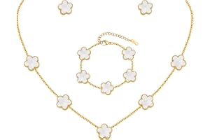 TempBeau Kleeblatt Armband Damen Schmuckset Mädchen, 18 K Vergoldet Edelstahl Halskette Ohrstecker Armband mit Zweiseitig Anhänger, Glücksklee Schmuck Set für Hochzeit Geburtstag Jahrestag