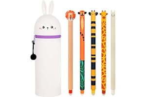 DGTSYAL Trousse Ecole 2 en1 en Silicone Souple, 4 stylos à Encre Gel effaçables, Kawaii, Porte-Plume, Fermeture Eclair en Silicone, Pochette de Stylo, Stylo Gel Noir 0,5 mm, H 19 cm (Animal Panda 2)
