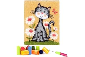 Tiamu Kits de Tapis Broderie avec Crochet de Loquet, DIY Tapis de de Crochet Kit, Point de Croix Noué Tapis pour Broderie 50 * 40cm, pour Décoration de (Marguerite et Chat)