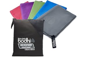 THE LITTLE BODHI Microfibre Towel large size 130cm x 80cm with carry bag - a quick dry towel in 4 stunning colours (blue, green, purple & pink). Great for travel, sports, gym, camping, swim, yoga, pilates, bikram, beach, bath or at home - the perfect travel towel