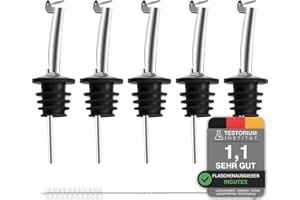 Incutex 5x Flaschenausgießer aus Edelstahl und 1x Reinigungsbürste, Freifluss-Ölstopp,Ausgießer für Flaschen, Öl Spirituosen Wein Likör Essig