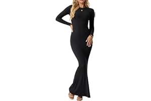 IWOLLENCE Bodycon Dresses for Women UK Long Sleeve Maxi Dress Ladies Elegant Ribbed Round Neck Bodycon Maxi Dress Modest Long Dresses for Women