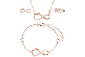 INFINIONLY Ensemble de bijoux, collier bracelet et boucles d'oreilles en argent 925, collier bracelet boucle d'oreille femme fille, pendentif de symbole infini et rose fleur, zircon incrusté, or rose