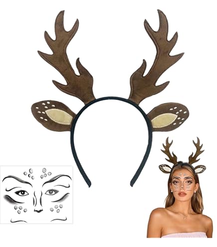 COLANANA Hoofdband met gewei, dierenoren, haarband voor dames en kinderen, kersthoofdtooi voor rendier, oortjes, angelaar, hoofdband, haaraccessoires, Halloween, carnaval, party, cosplay (wit bruin