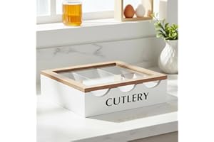 Maison des cadeaux - Organizzatore per posate con 3 scomparti, portaoggetti in legno bianco con coperchio a finestra