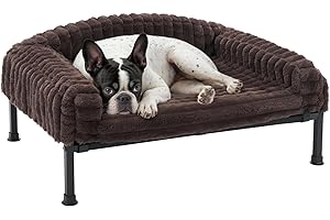 Veehoo Raised Dog Sofa Bed with Removable Bolster, Fluffy Elevated Dogs Bed Washable with Orthopedic Mattress, Dog Cat Sofa Non-Slip Feet for Puppy Kitten, Brown 60 x 45 x 10 cm