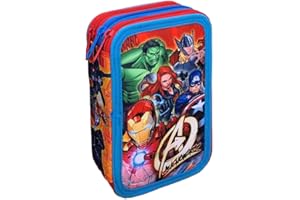 HAPPY SCHOOL astuccio 3 zip realizzato per Avengers ,Astuccio per la scuola bambino 20 cm, astuccio 36 pezzi, colore blu e rosso
