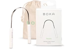 Boka Tongue Scraper for Adults & Kids with Case - Stainless Steel Tongue Cleaner w/Linen Travel Pouch - Scrubber to Remove Tongue Buildup and Freshen Breath (Pack of 1)
