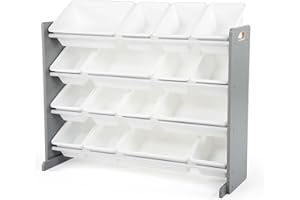 Humble Crew Inspire Wooden Toy Storage Organiser for Children, with 16 BPA Free Plastic Removeable Storage Bins, Ideal for Storing Toys, Games, Books and Craft Supplies - Grey/White