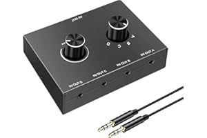 Tiamu Conmutador de audio de 3,5 mm, interruptor de audio de 4 puertos, interruptor de audio AUX estéreo, 4 entradas, 1 salida/1 entrada, 4 salidas de audio, caja para radio, teléfono, altavoz