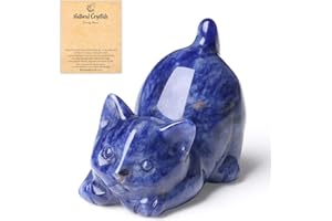QINJIEJIE Blue Sodalite Crystals Cat Figurines for Cat Lovers Animal Cat Ornaments Desk Decoration Good Luck Gifts Cat Themed Crystal Presents for Women