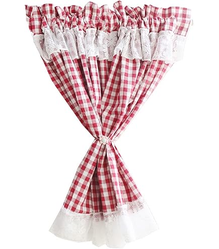 Tenda Finestra Cotone Verde Quadretti - Con Pizzo Ricamato E Fiocchi, 90x135 Cm, Opaca