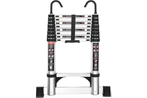 EGTink Escalera telescópica de aluminio de 2,6 m con gancho extraíble, escalera extensible, escalera de aluminio antideslizante, escalera multiusos, carga 150 kg