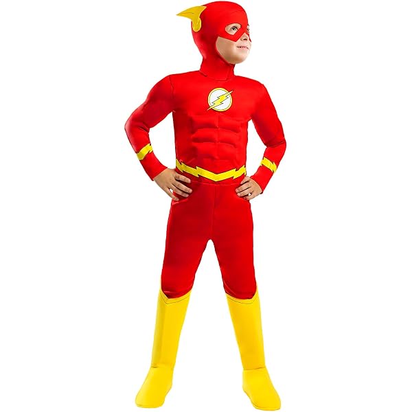 Rubies Disfraz The Flash Classico para niños, Jumpsuit con pecho musculoso, cubrebotas y máscara, Oficial DC Comics, The Flash para Carnaval, Halloween, Fiestas y Cumpleaños, XS