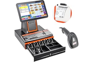 LSZMXI Caisse enregistreuse Intelligente avec imprimante Thermique, écran Tactile 15,6 Pouces, Clavier de Caisse enregistreuse 101 Touches, Terminal de Point de Vente avec Scanner Portable, Tiroir-caisse en