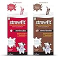 Strawfit Strawberry Bliss and Cheerful Chocolate Flavoring Straws with Colostrum for Immunity, Health and Nutrition | New Way of Drinking Milk, No added Flavors (Combo Pack of 2-14 Flavored Straws)