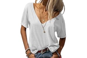 Tankaneo Women's Basic T-Shirt, Fashionable, Deep V-Neck, Short-Sleeved Top, Solid, Casual, Loose