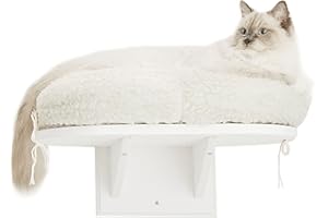 Novecrafto Wandmontiertes Katzenbett | Katzenregal aus Holz mit extra weichem Kissen | geeignet für große und schwere Haustiere bis zu 30 kg | Wandbett ist 50 cm breit, Weiß