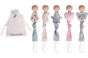 SUNDEER PAPERKIDDO 5 szt. łańcuszków na smoczek dla dziewcząt i chłopców z wełny drzewnej z metalowymi klipsami niezawierającymi niklu 22 cm do śliniaczków, chusteczek trójkątnych, Sauger Scnuller (miś + zając + miłość + księżyc + gwiazdy)