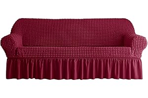 zenmag Sofa Slipcover 1 Piece for 3 Cushion Couch Cover with Skirt, Durable Washable High Elastic Stretchable, Easy Fit Universal Furniture Protector (3 Seater, Red Wine)