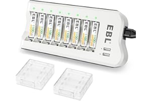 EBL 8PCS Piles Rechargeables AAA 1100mAh, avec Chargeur de Piles 8 Slots avec 2 USB Ports pour Accus AA/AAA Ni-MH et Smartphone Tablette Rechargeable Rapide