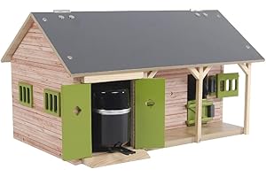 Kids Globe 610249 horse stable, 1:32 scale (with 2 horse boxes, 1 storage room, without horses and accessories, horse farm for children, colour wood/green)