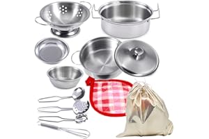 GOLCUGYJH Kids Kitchen Pretend Play Toys Accessories with Stainless Steel Cookware Pots and Pans Set, Cooking Utensils, Apron & Chef Hat (Classic Edition with golden bag)