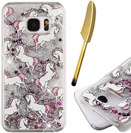 Samsung Galaxy S7 Edge Case,Vioela Galaxy S7 Edge Glitter Cover, Cute Cartoon White Horse Pattern Luxury 3D Bling Sparkle Shinny Flowing Quicksands Stars Liquid WaterTransparent Clear Crystal Plastic PC Hard Back Shell Case for Samsung Galaxy S7 EDGE with Free Stylus - Silver Glitter