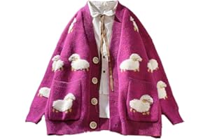 Oyrcvweuy Women Long Sleeve Knit Cardigan Cartoon Sheep Pattern Button Down Sweater Coat Harajuku Oversized Jacket with Pockets women jackets fashion long