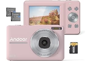 ANDOER Andor Digital Camera, 32GB Memory Card, 1080P Portable Mini Camera, 44MP, 2.45-inch IPS Display, 16x Digital Zoom, Comes with 2 Batteries, Perfect Kids Camera for Holiday Vlog Shooting - Pink.